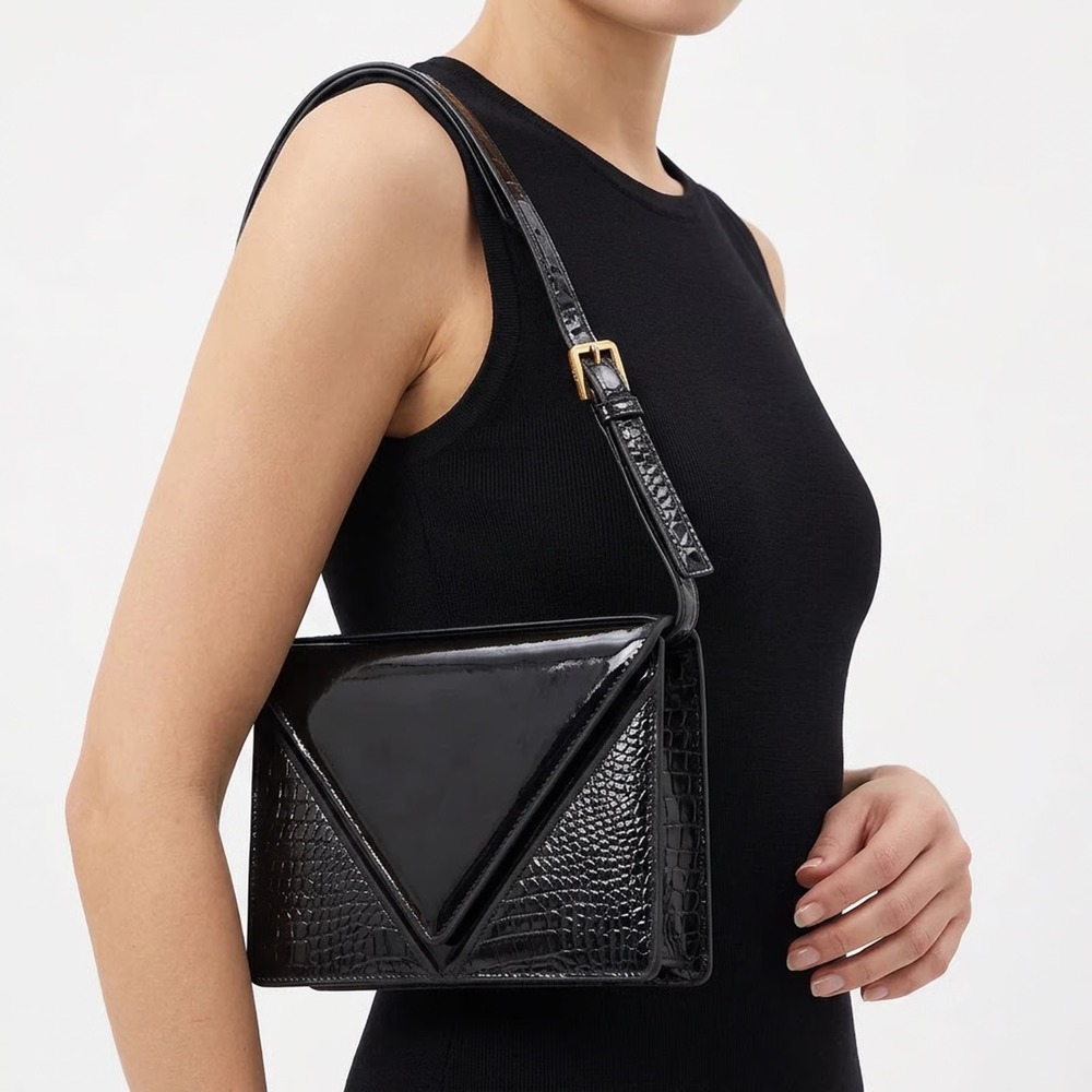 Ande Shoulder Bag Womens OS Vintage Patent Croc Embossed Black Envelope